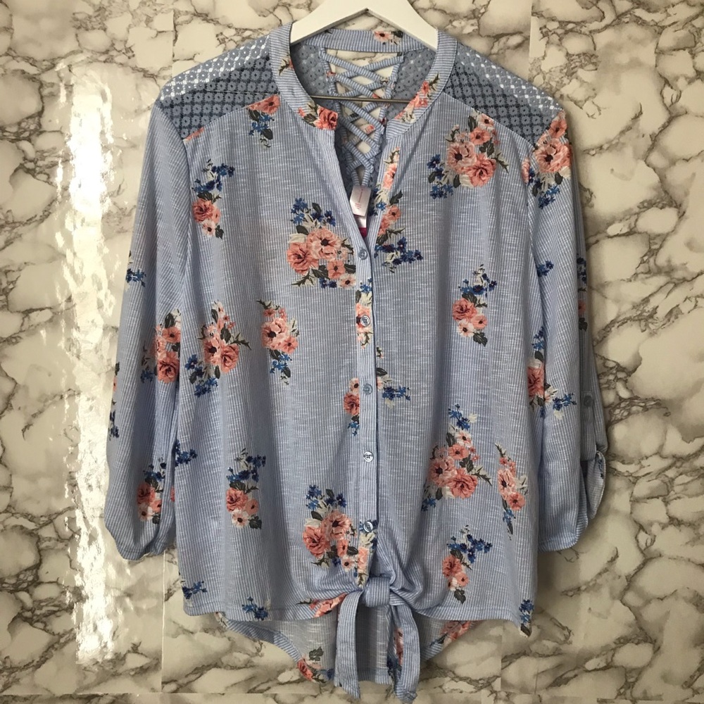 No Boundaries Striped/Floral Button Down Top